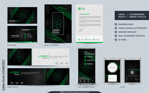Modern black green stationery mock up set and visual brand identity with abstract overlap layers background.