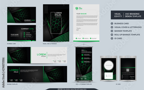Modern black green stationery mock up set and visual brand identity with abstract overlap layers background.