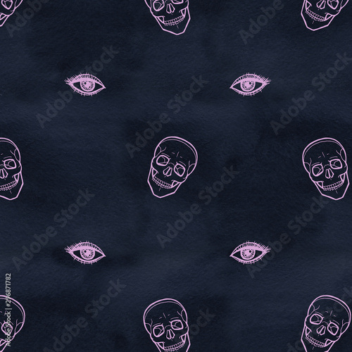 Skull with eyes. Cute Halloween background. Seamless pattern background.
