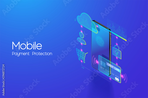 Online Mobile Banking and Internet banking isometric design concept , Cashless society, security transaction via credit card and digital payment with secure system vector