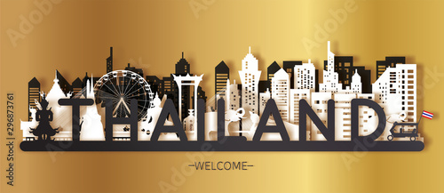 Thailand Travel postcard panorama, poster, tour advertising of world famous landmarks of Thailand in paper cut style. Vector illustration.