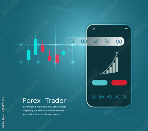 Application of Smartphone with business graph and analytics data screen for trading. Vector concept illustration