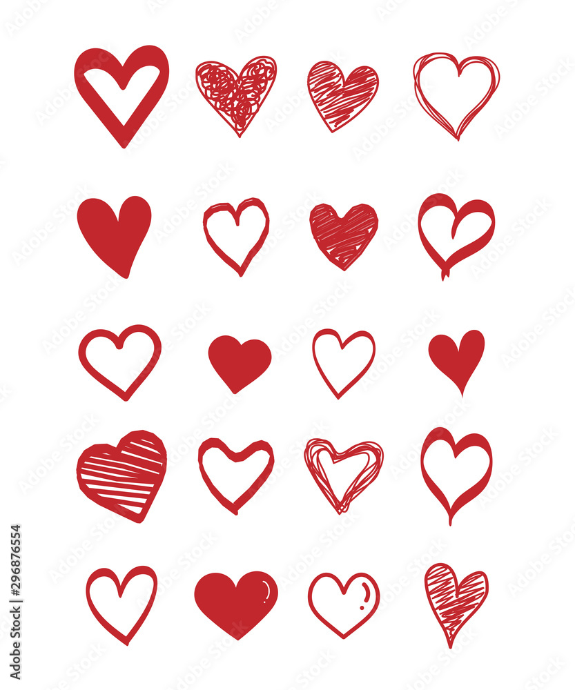 Set of scribble red hearts icon. Collection of heart shapes draw the hand. Symbol of love. Design elements for Valentine's Day card. Vector hearts. Doodle. Vector illustration.