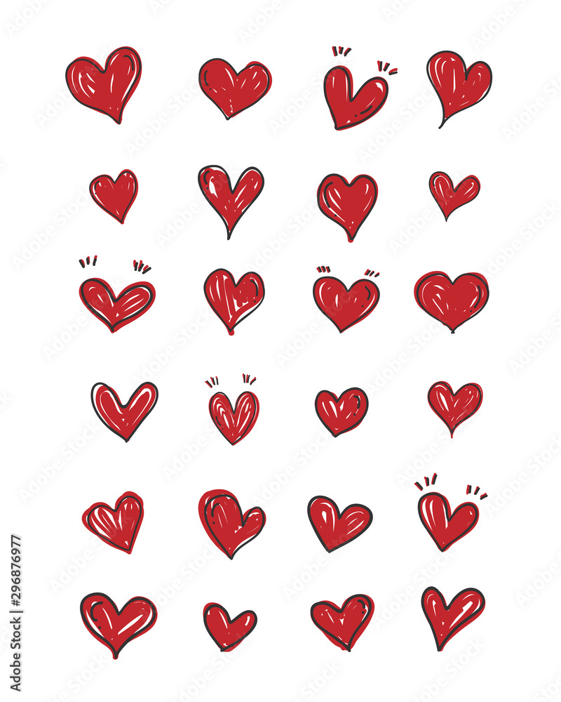 Set of red hearts hand drawn. Cartoon style. Symbol of love.