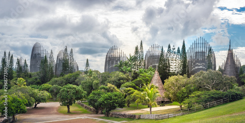 Tjibaou Cultural Centre, the Kanak native museum, made mainly of ten ribbed structures made of steel and Iroko wood, inspired by the traditional Kanak huts, in Noumea, New Caledonia..