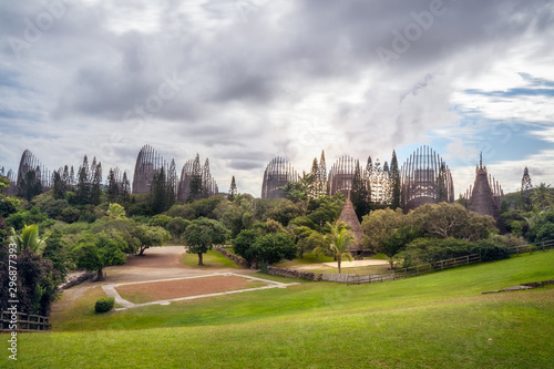 Panoramic View of Tjibaou Cultural Centre made mainly of ten ribbed structures made of steel and Iroko wood, inspired by the form of traditional Kanak huts in New Caledonia.