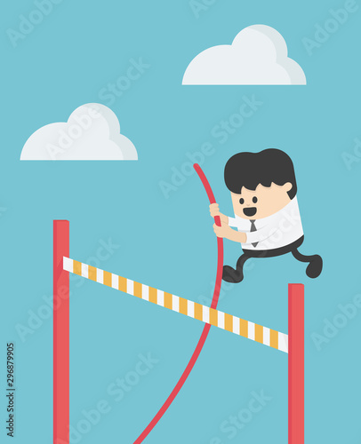 Business concepts enthusiastic businessman jumps over a high barrier to success by himself