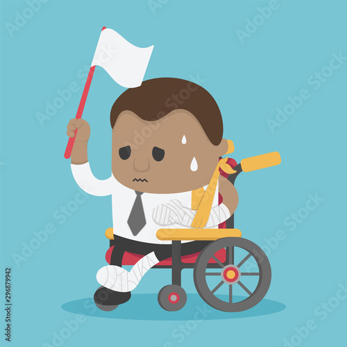African businessman in a car accident and currently holding a white flag on a wheelchair