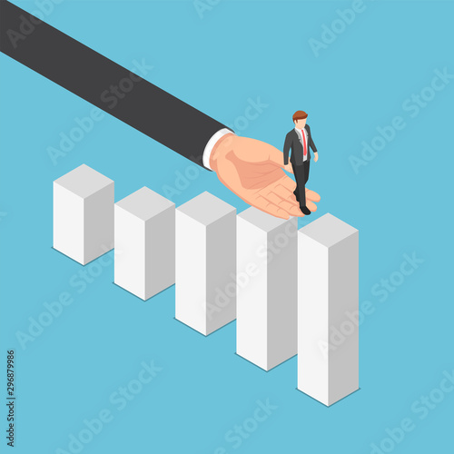 Isometric big business hand helping businessman reaching the top of graph