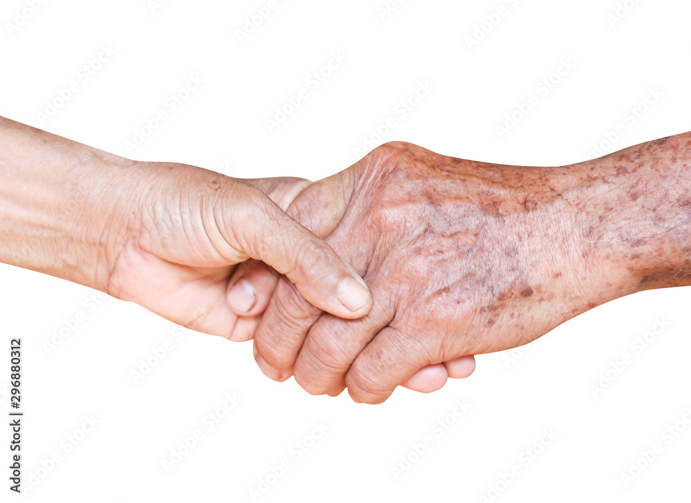Asian old man and woman shaking hands isolated on white background with clipping path Asian old man and woman shaking hands isolated on white background with clipping path