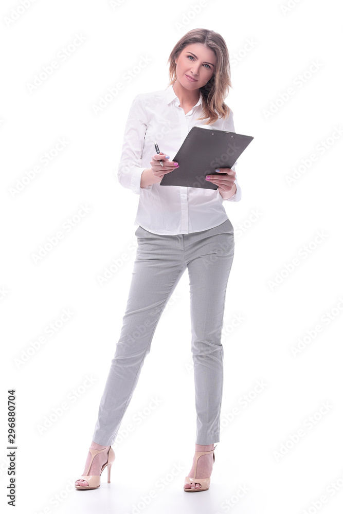 in full growth. confident young business woman in full growth. confident young business woman