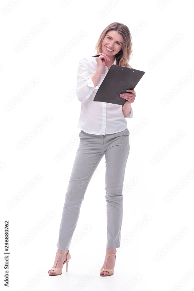 in full growth. young business woman with clipboard in full growth. young business woman with clipboard