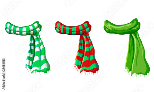 winter green scarf collection isolated on white background. illustration of red, green white striped scarves. christmas or holiday wool muffler icon set - winter warming clothes in cartoon style