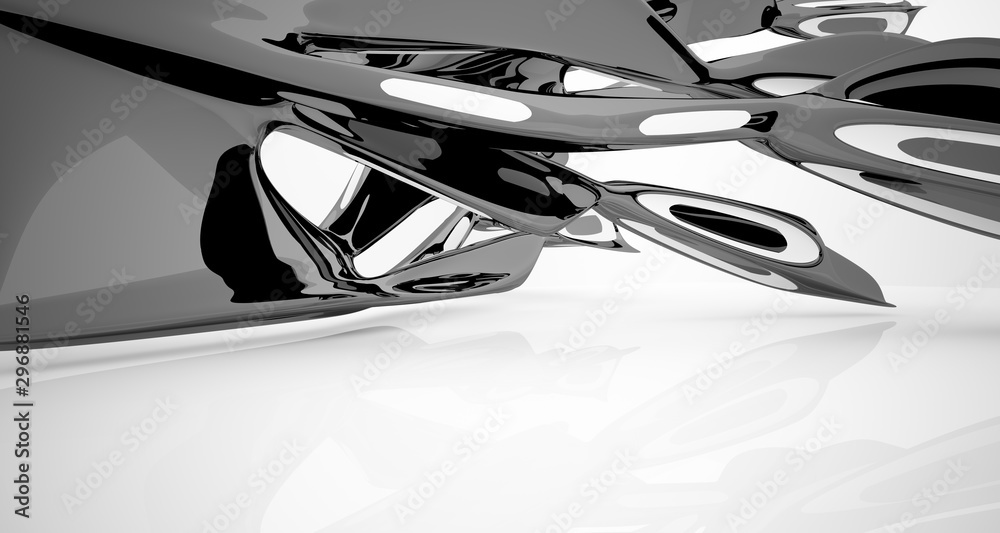 Abstract smooth architectural white and black gloss interior of a minimalist house with large windows. 3D illustration and rendering. Abstract smooth architectural white and black gloss interior of a minimalist house with large windows. 3D illustration and rendering.