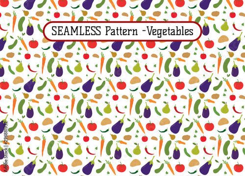 Seamless pattern from vegetables collection of parsley  bay leaf  red chilli pepper  potato  pear and eggplant in colorful vector flat cartoon style.