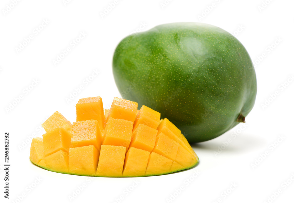 Mango slice cut to cubes close-up isolated on white background Mango slice cut to cubes close-up isolated on white background