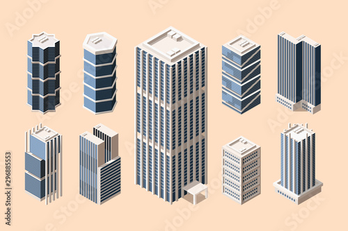 High rise buildings isometric vector illustrations set