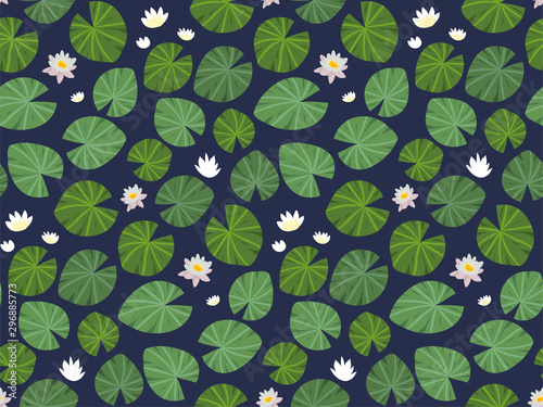 Seamless vector pattern with water lilies and white Lotus flowers on dark background in hand drawn style. Fashionable print for design, interior, fabrics. Collection of floral prints. © Diana Sityaeva 
