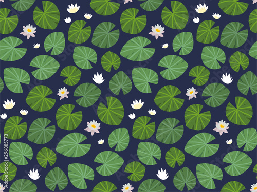 Seamless vector pattern with water lilies and white Lotus flowers on dark background in hand drawn style. Fashionable print for design, interior, fabrics. Collection of floral prints.