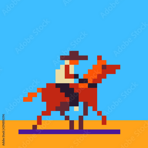 Cowboy on horse pixel art vector illustration, Wild West, design for logo, sticker, mobile app. Game assets 8-bit sprite.