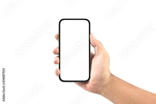 hand holding black smartphone with blank screen isolated on whit