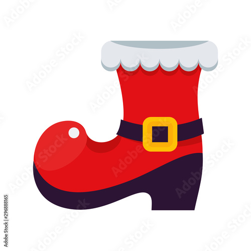 Red Santa Claus boot with gifts, treats and christmas tree