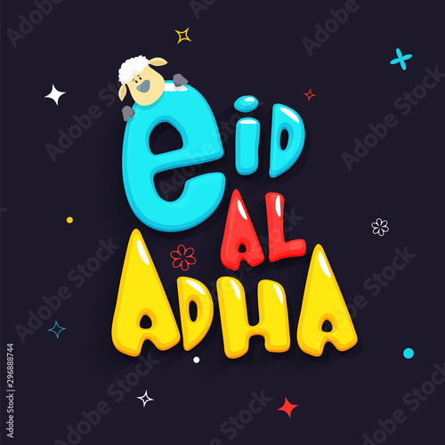 Colorful text Eid-Al-Adha with cute sheep.