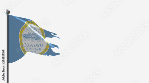 Boston 3D tattered waving flag illustration on Flagpole. Perfect for background with space on the right side.
