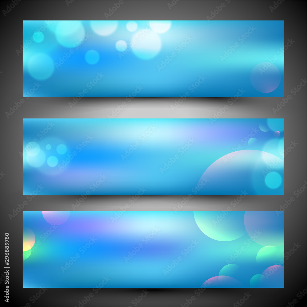 Glossy blue website headers with abstract effects.