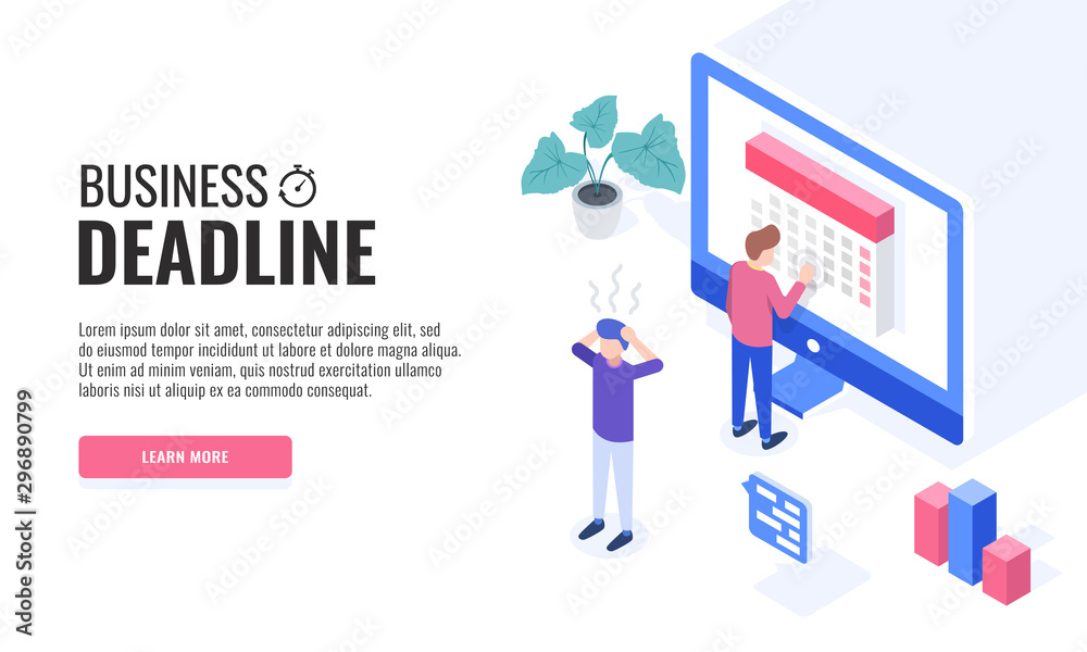 Business deadline concept. One man is saddened and the second marks the date on the calendar. Web banner. Isometric vector illustration.
