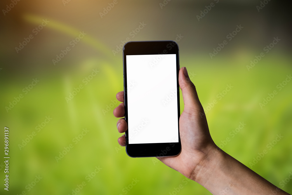 Hand holding white mobile phone with blank white screen in green nature background.