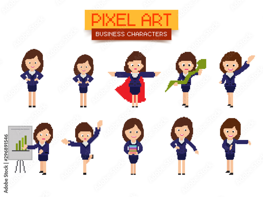 Pixel Art Business Women Characters set.