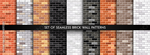 Vector brick wall seamless background set. Realistic different color brick textures collection