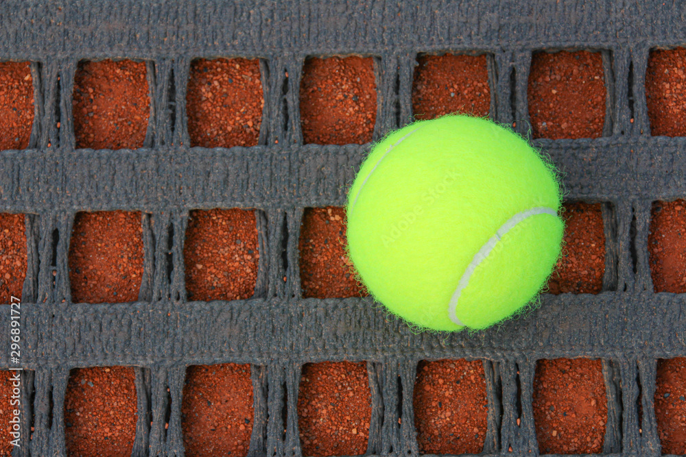 Yellow tennis ball lying on a net