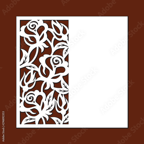 Laser cut template of openwork vector silhouette. Floral invitation card for wedding or Valentine's day. Lace border with rose at vintage style for envelope. Decorative panel of cutout flower pattern.