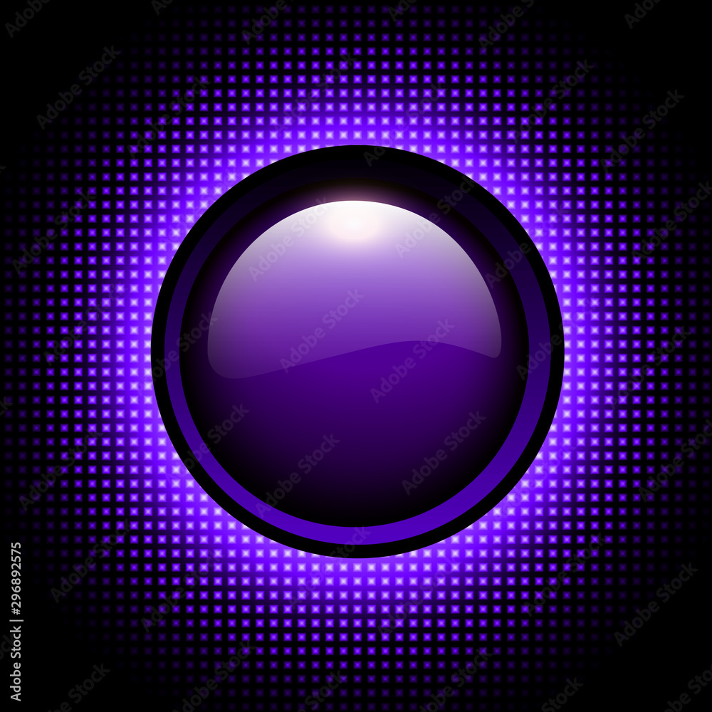 Background 3d with glowing purple neon circle and shiny button over halftone pattern
