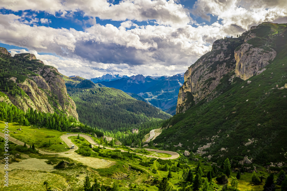 Aerial view of Passo Falazarego near Sass de Stria, Dolomites