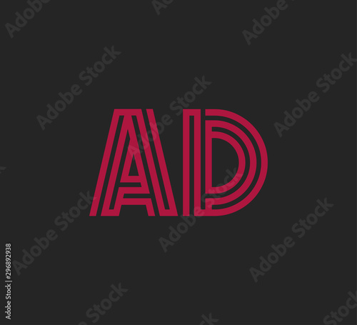 Initial two letter red line shape logo on black vector AD