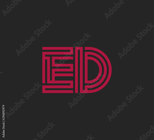 Initial two letter red line shape logo on black vector ED