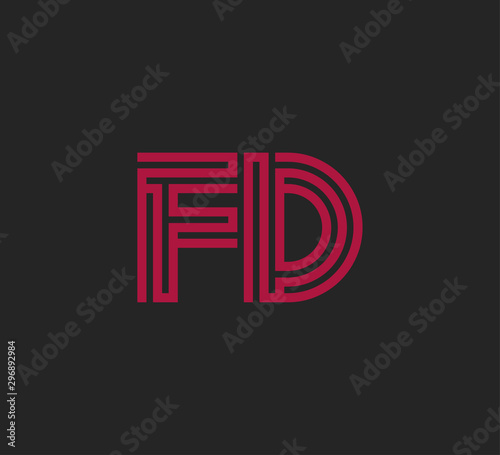 Initial two letter red line shape logo on black vector FD