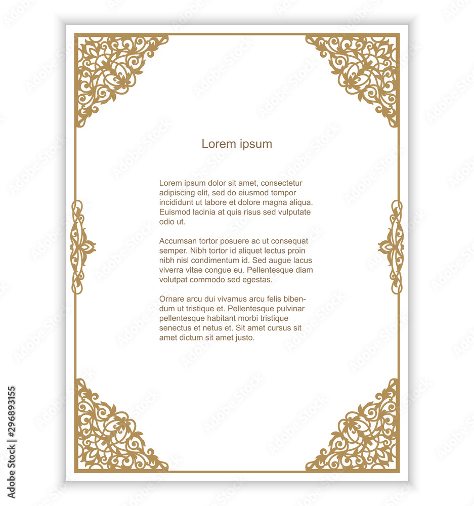 Elegant gold frame with lace decoration. Wedding invitation, save the date greeting card