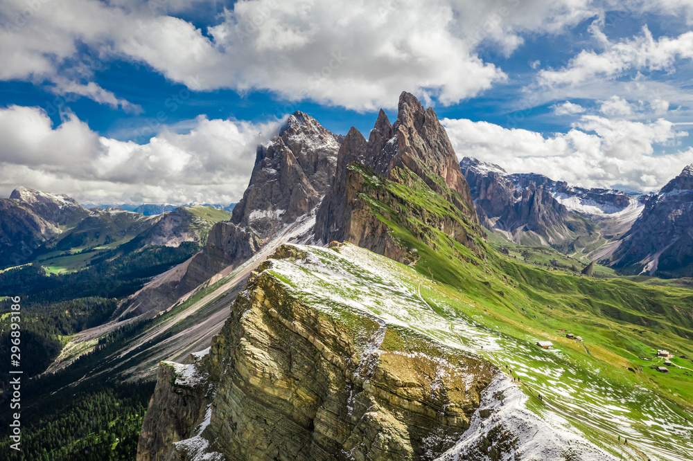 Aerial view of Seceda in South Tyrol, Dolomites