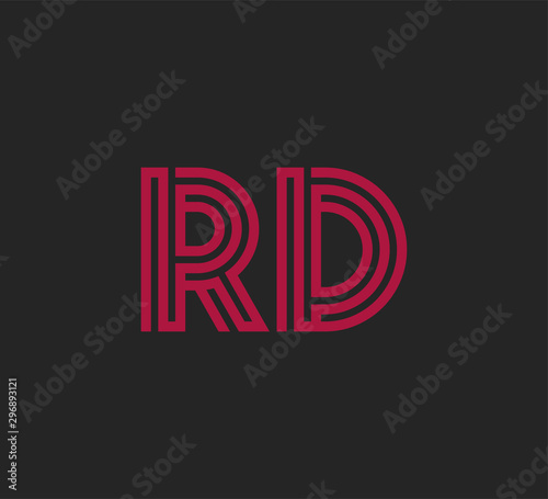 Initial two letter red line shape logo on black vector RD