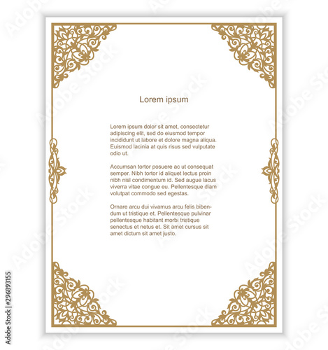Elegant gold frame with lace decoration. Wedding invitation, save the date greeting card template. Openwork vector silhouette with golden delicate ornament. Vintage border is suitable for laser cut.