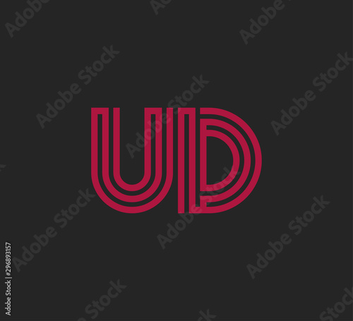 Initial two letter red line shape logo on black vector UD
