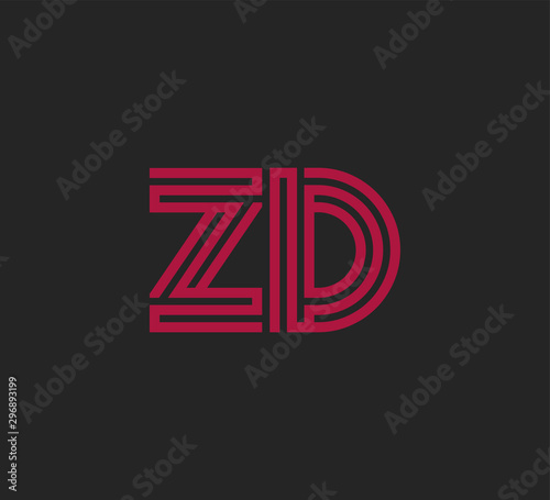 Initial two letter red line shape logo on black vector ZD