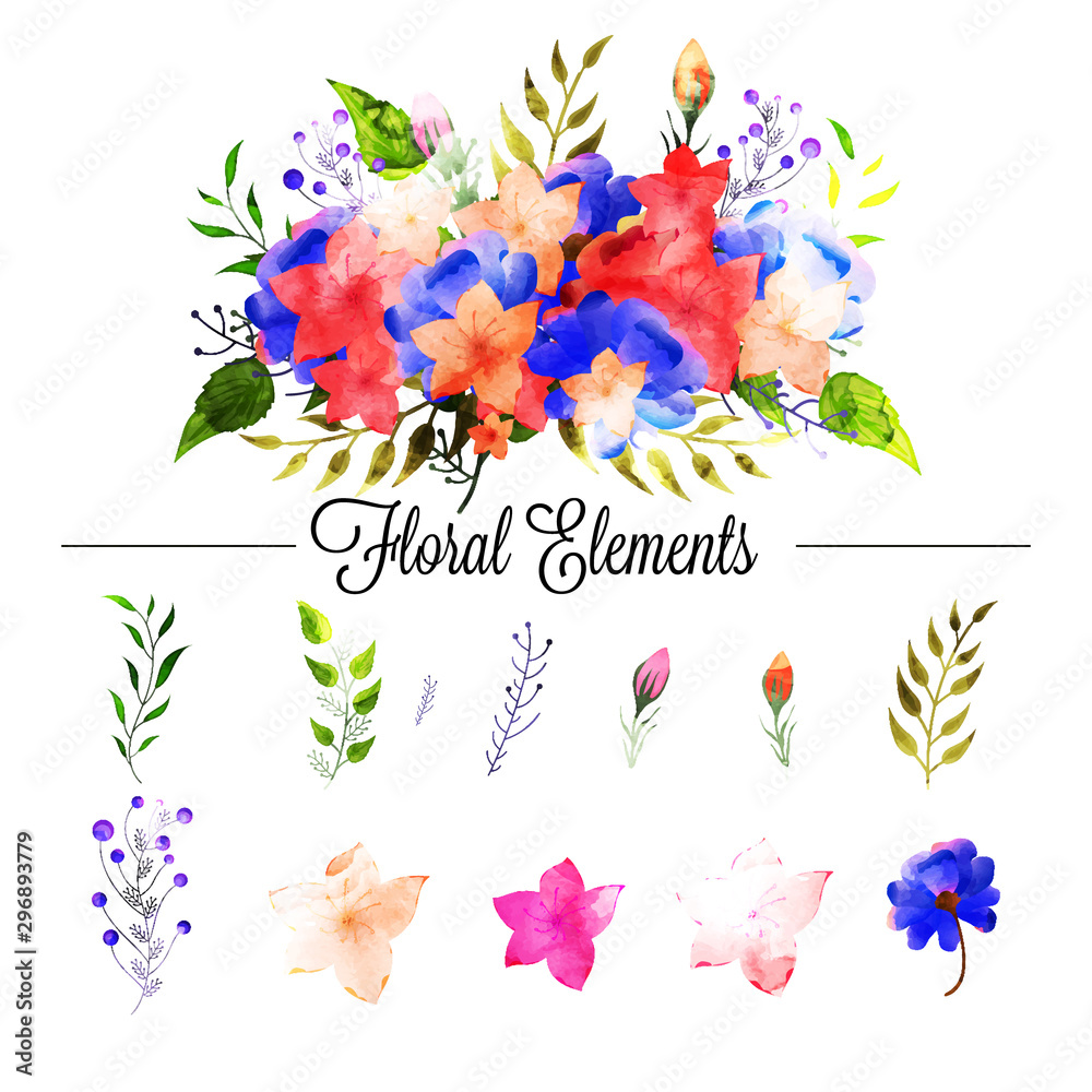 Set of colorful watercolor floral elements.
