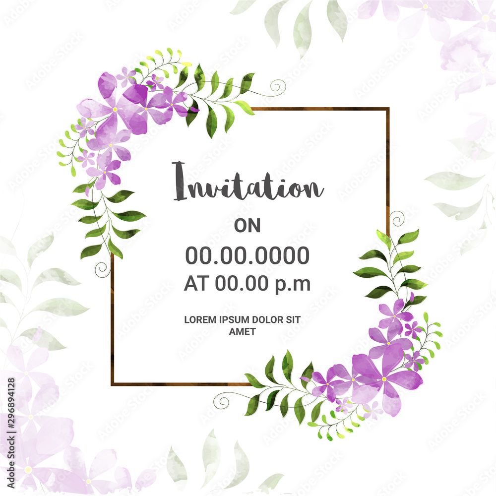 Invitation Card with purple watercolor flowers.