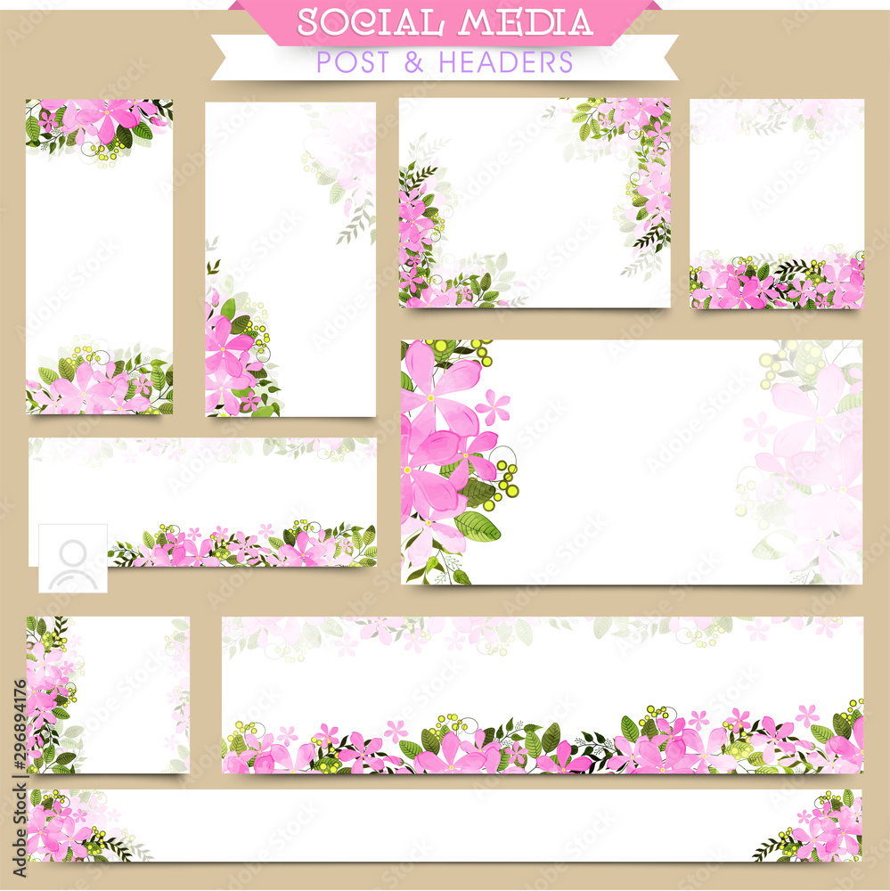 Social Media post and headers with pink flowers.