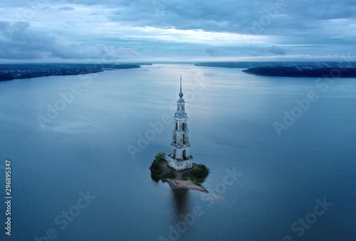Kalyazin Bell tower on Volga river. Aerial View.